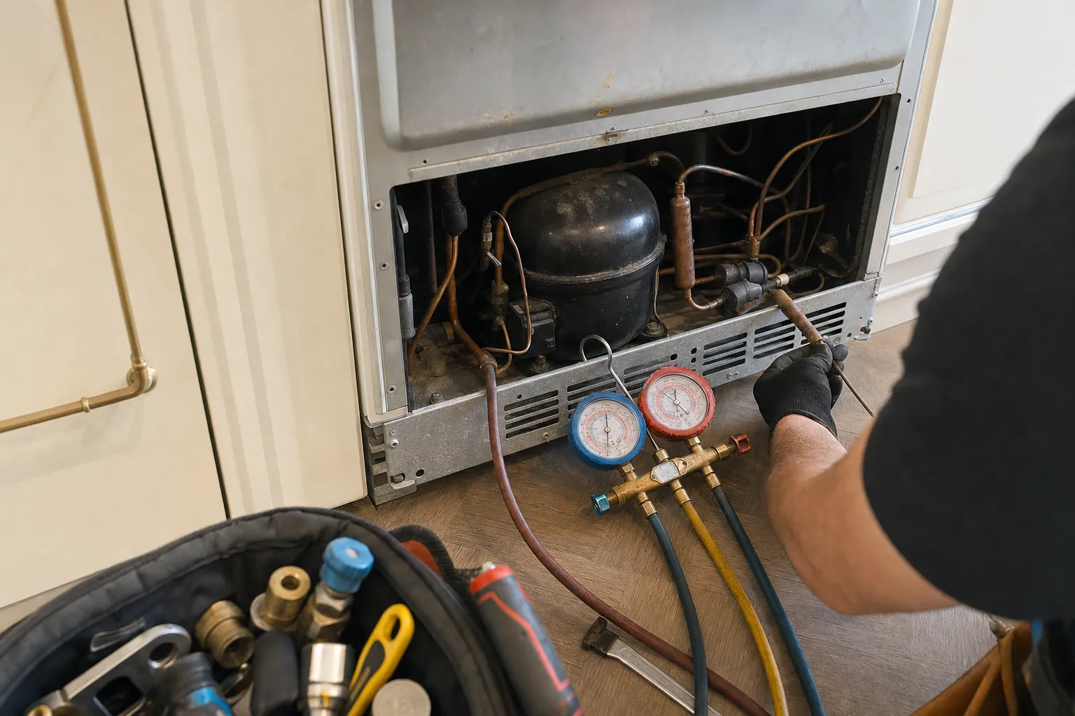 Manifold gauges on the floor connected to the compressor of a built-in refrigerator, open tool bag alongside