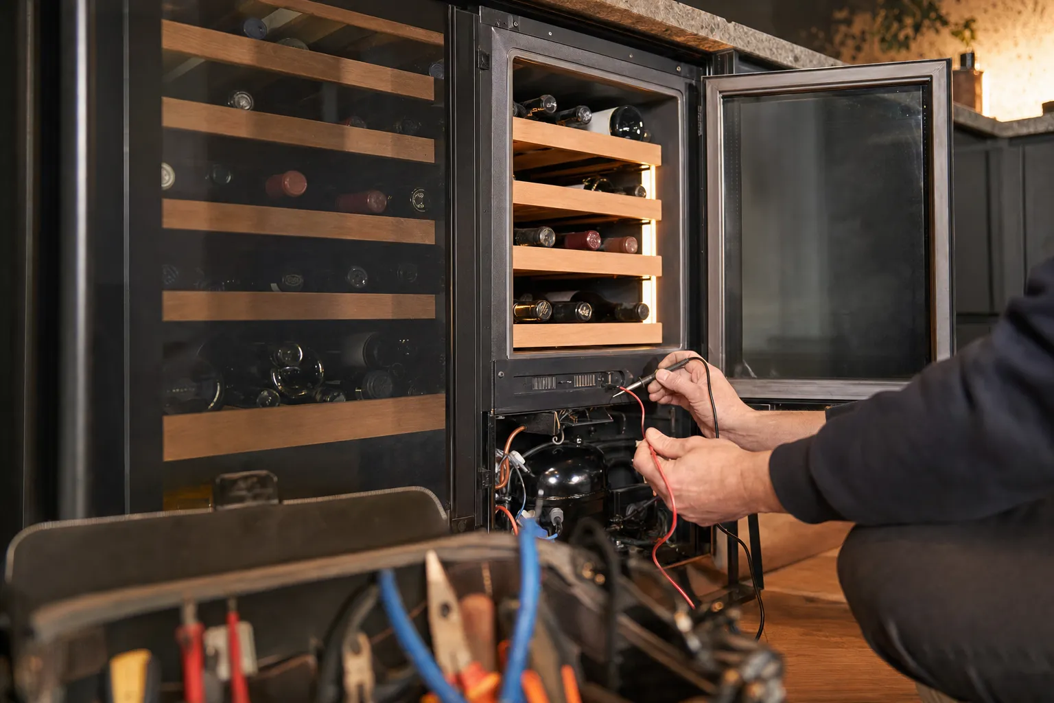 Multimeter probes at the compressor of a wine cooler, bottles resting on wooden racks above