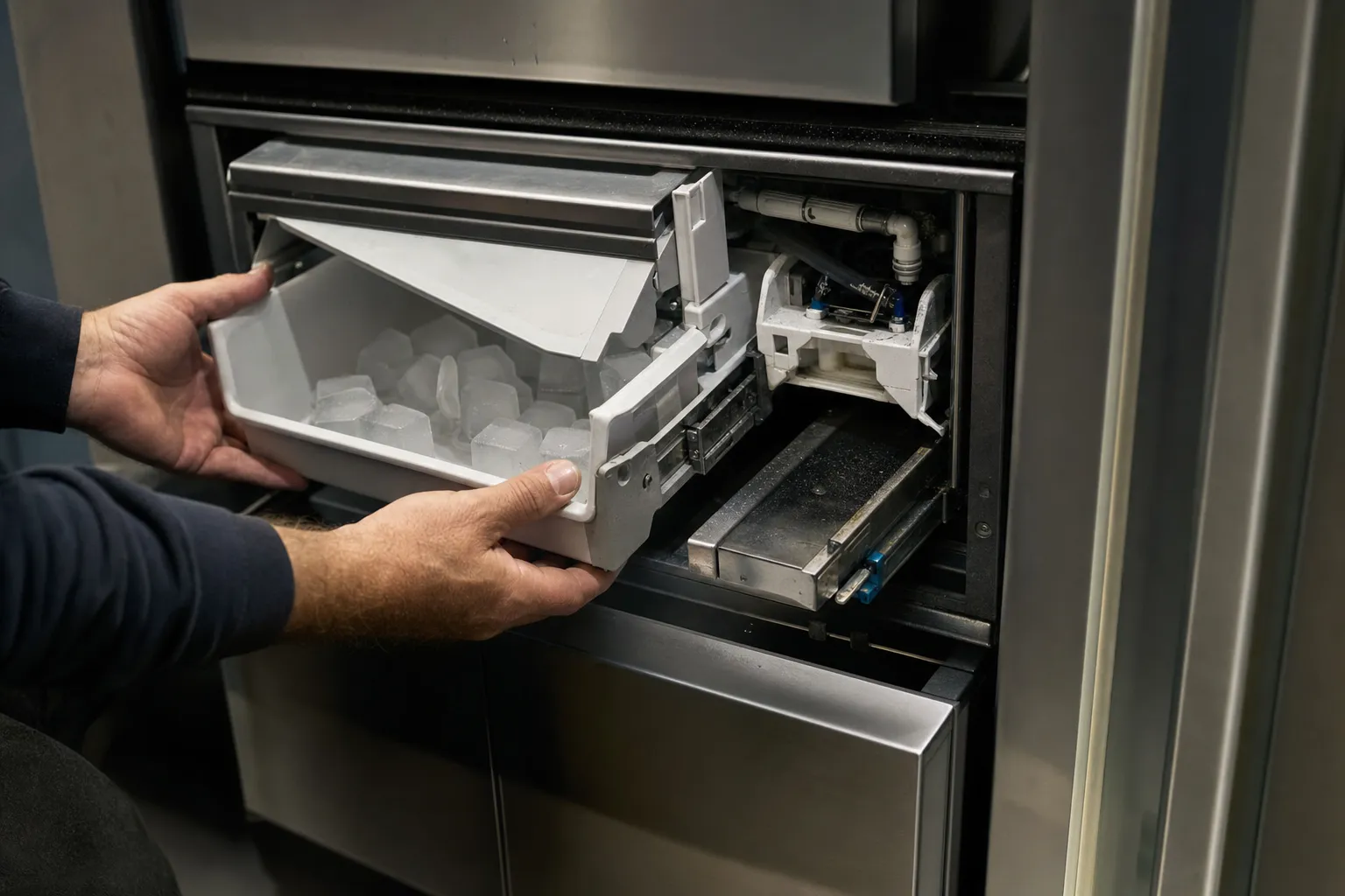Ice storage bin full of cubes pulled from the ice maker compartment of a stainless built-in refrigerator