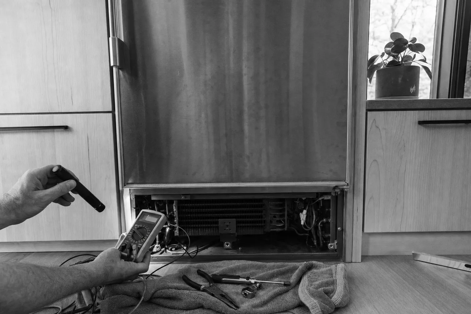 Black-and-white view of a built-in refrigerator with its lower grille off, a flashlight and a multimeter held at the condenser