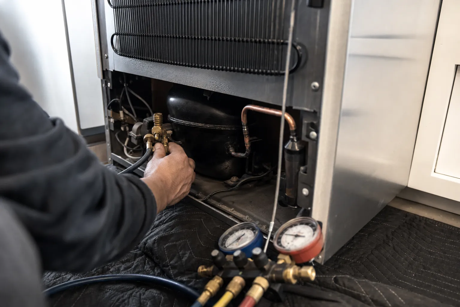 Hand at a service fitting on the compressor, condenser coil above it and gauges on a moving blanket