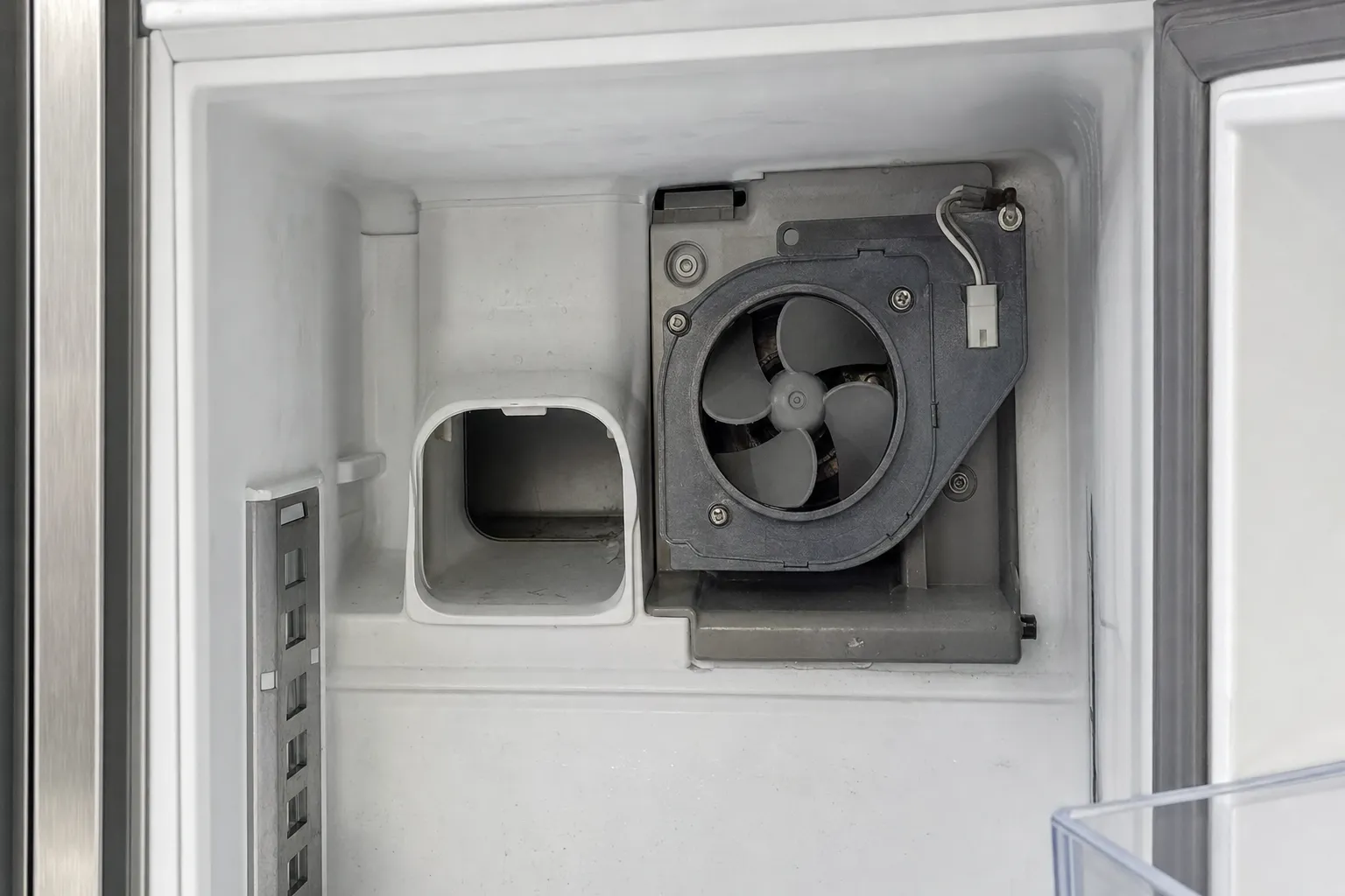 Compartment liner with its rear cover off, showing the evaporator fan housing and the air duct beside it
