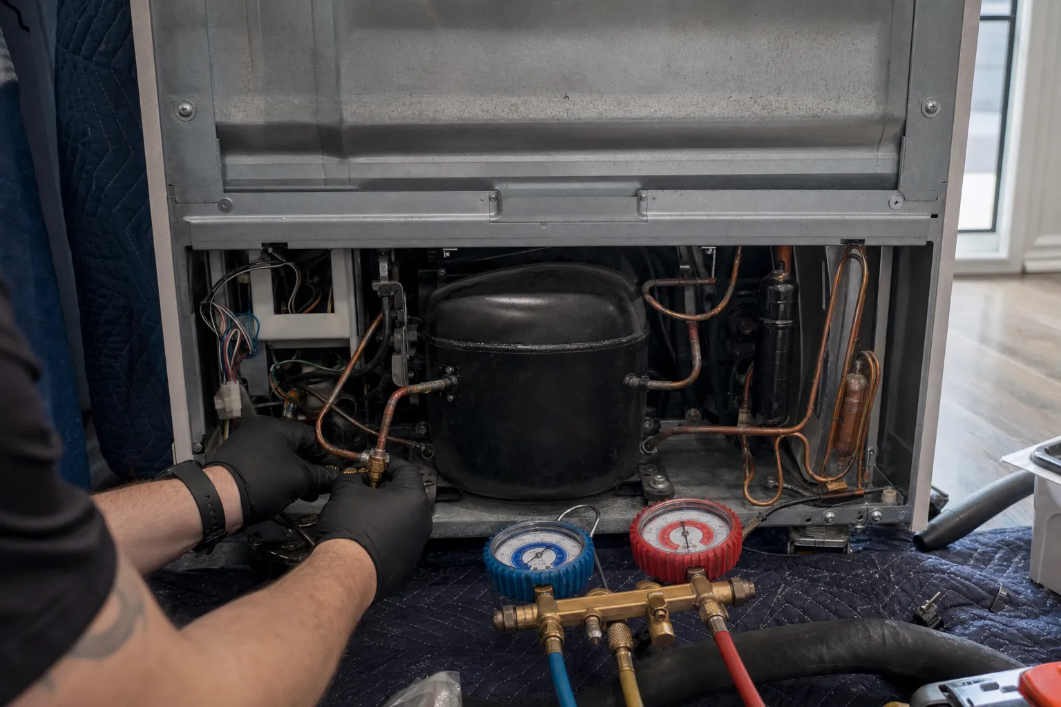 Gloved hands on a service valve beside a refrigerator compressor, gauges sitting on a quilted mat